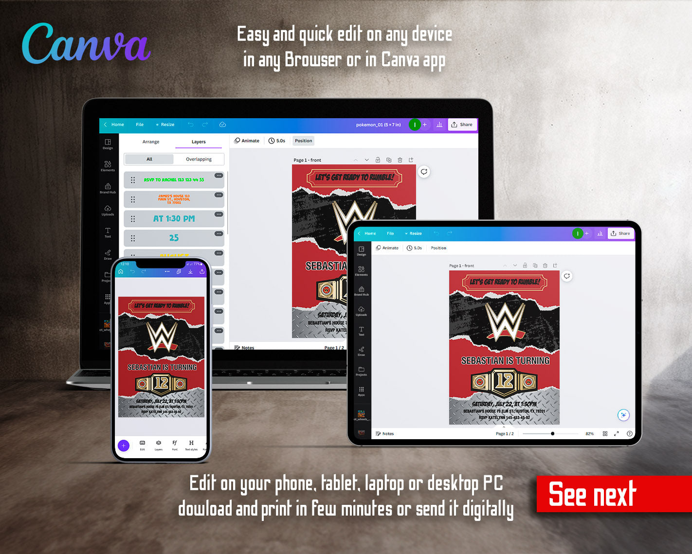 Wrestling WWE WrestleMania customizable invitation template | Share or Print | boy | GT693