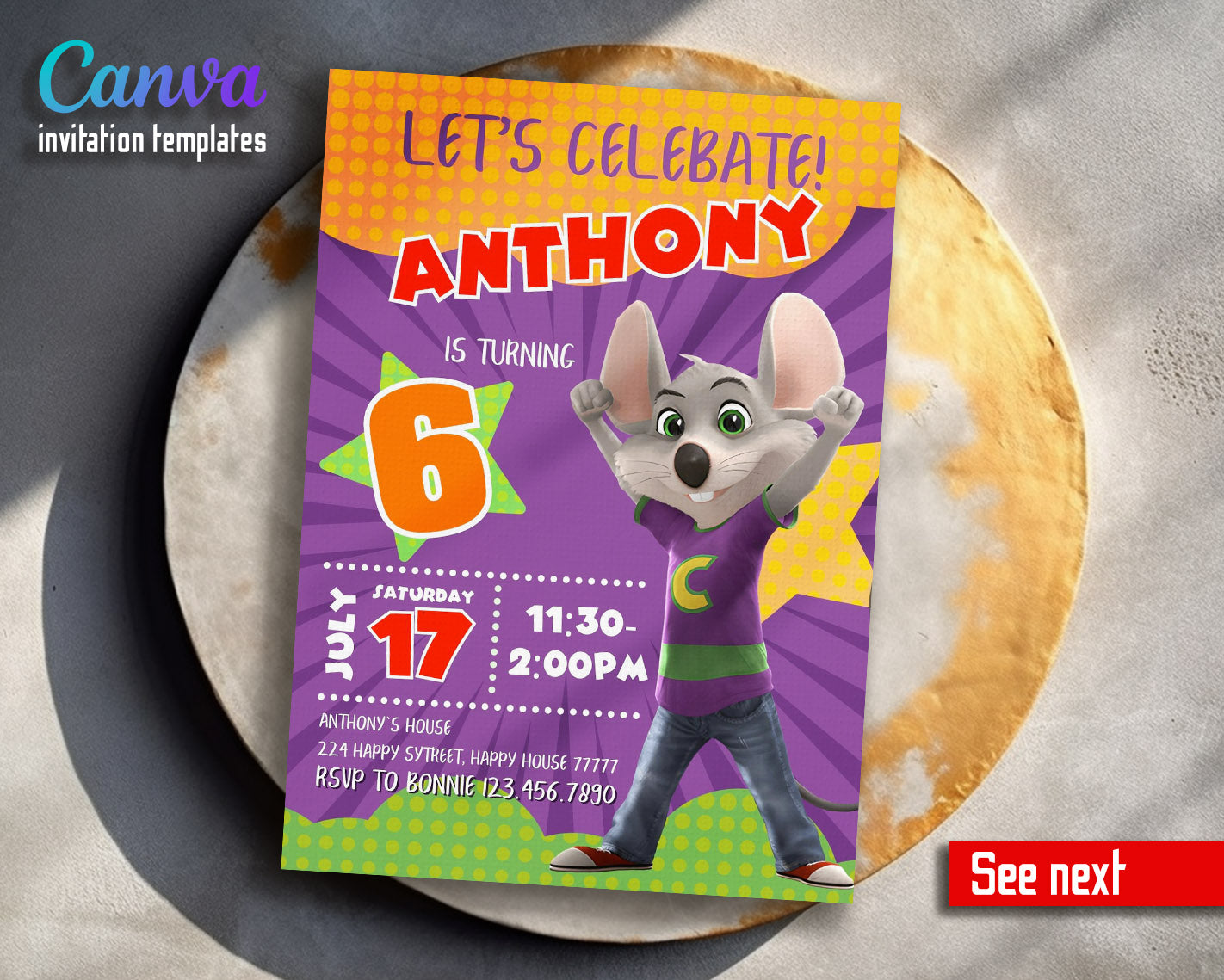Chuck E. Cheese customizable invitation template | Share or Print | | EU285