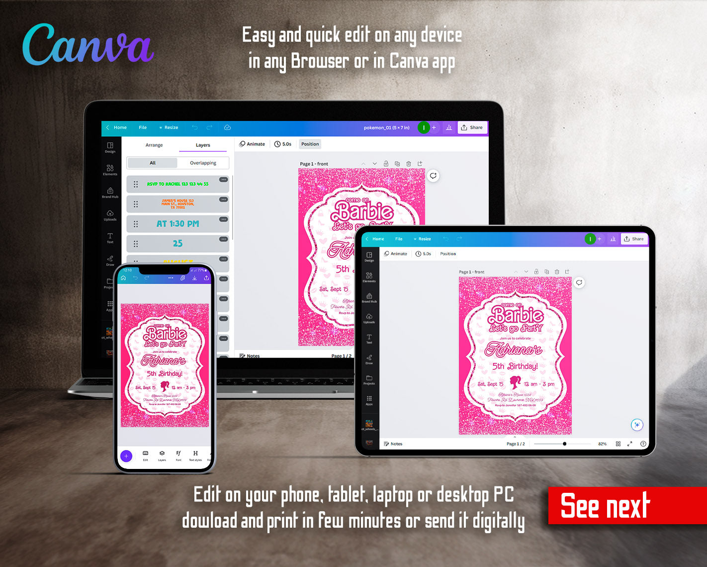 Barbie Pink customizable invitation template | Share or Print | girl | UZ254