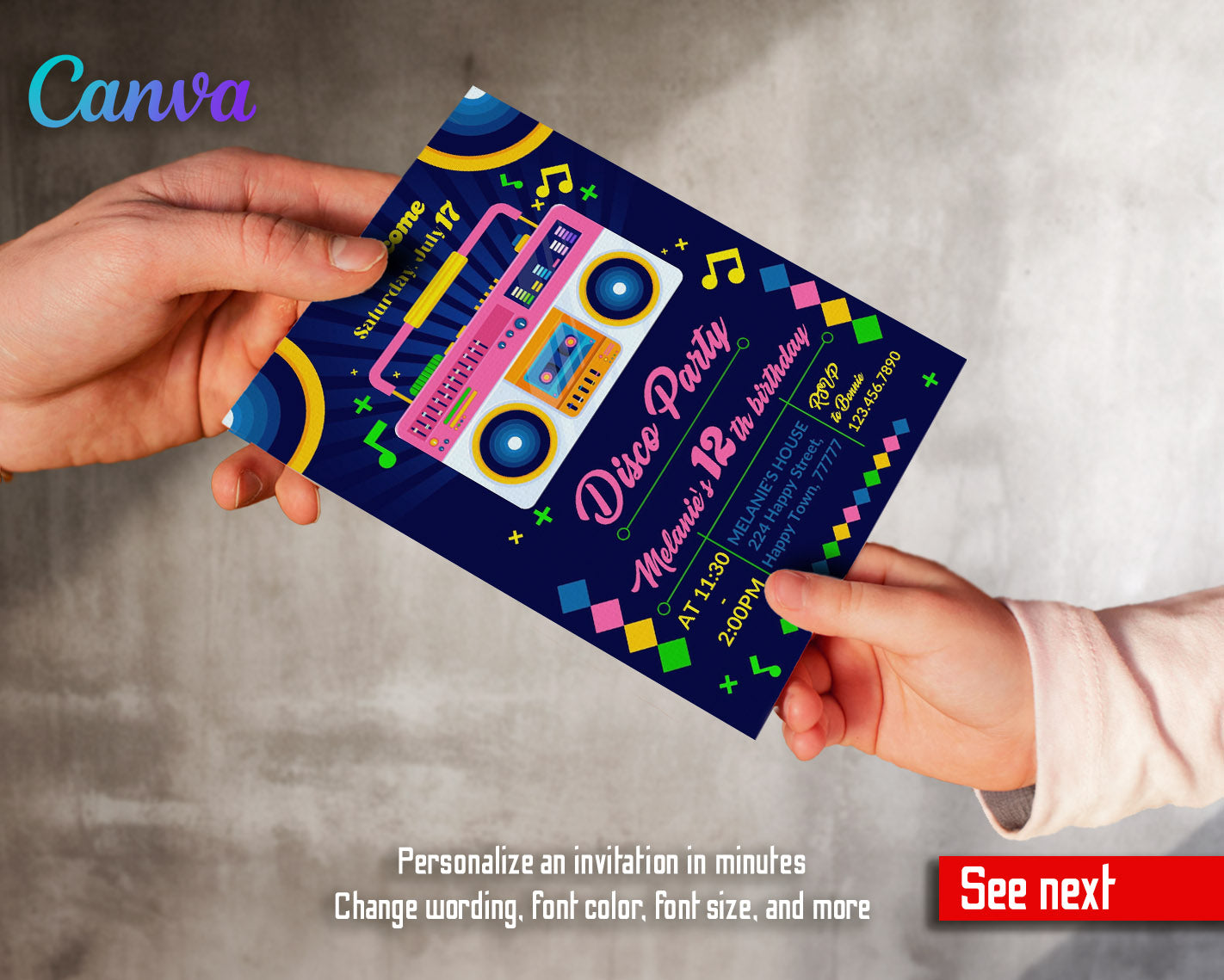 Disco Party 80th 90th customizable invitation template | Share or Print | | KG705