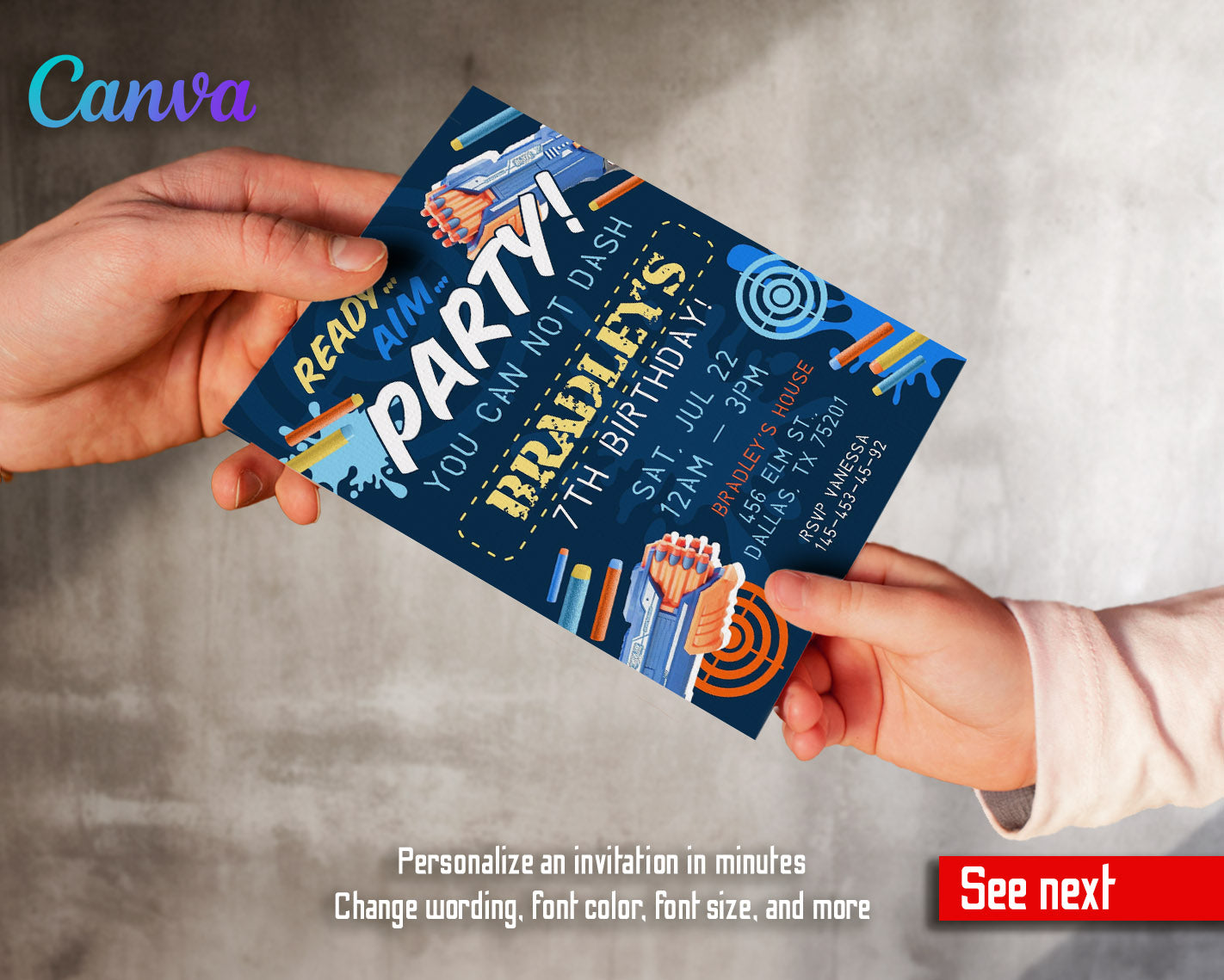Dart Gun NERF Blaster customizable invitation template | Share or Print | boy | BN399