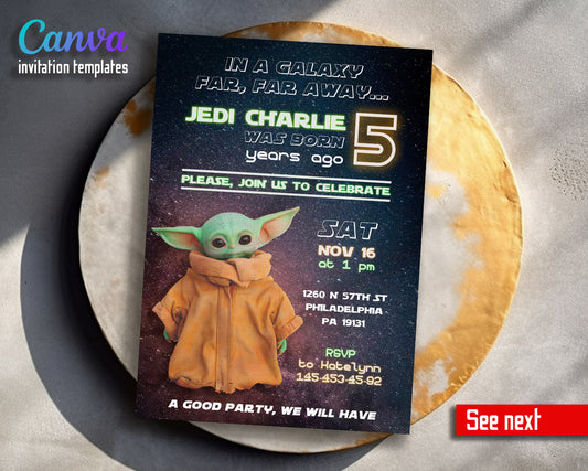 Baby Yoda Grogu Star Wars Mandalorian  customizable invitation template | Share or Print | boy | FQ707