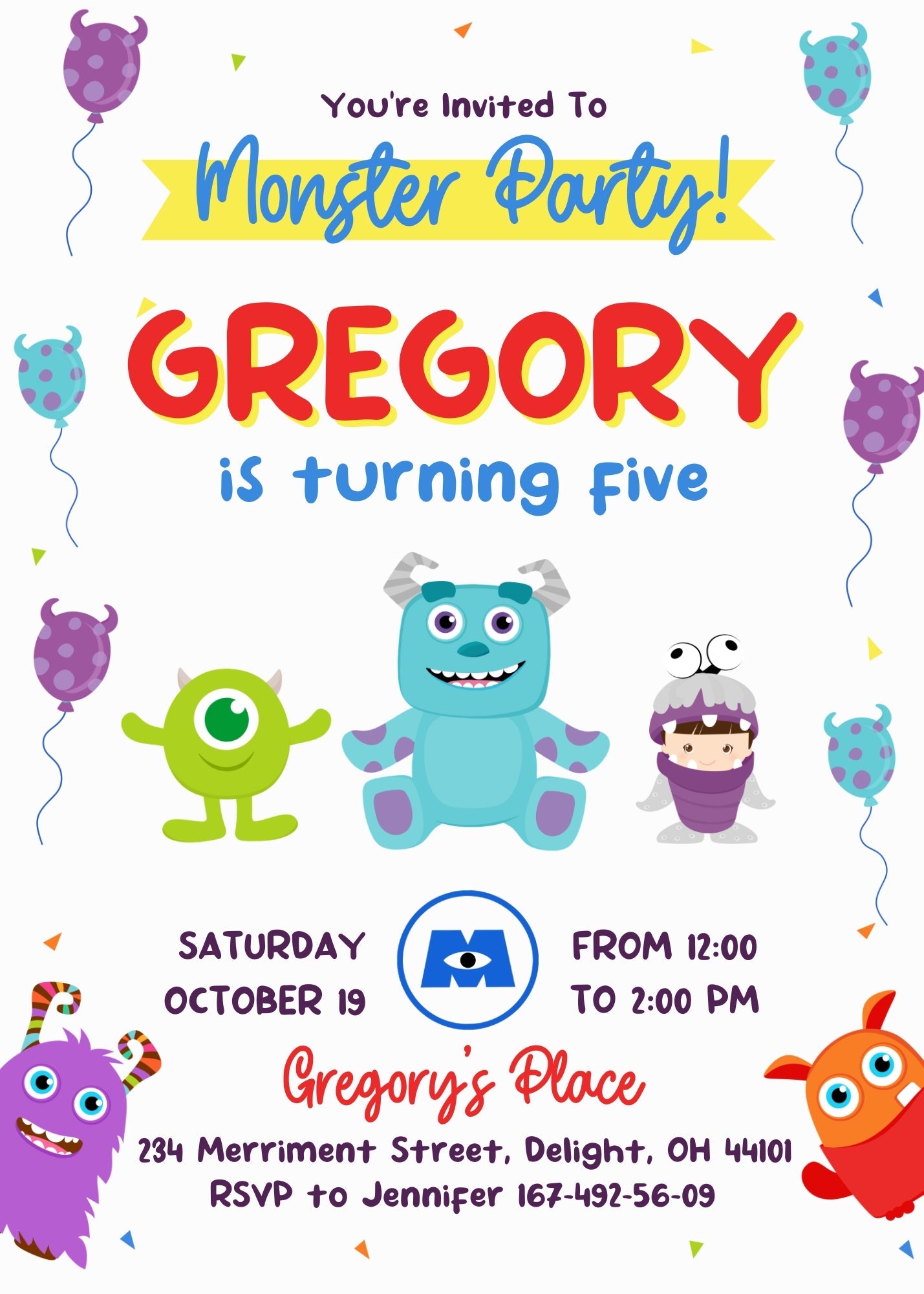Monsters, Inc. customizable invitation template | Share or Print | | MO159