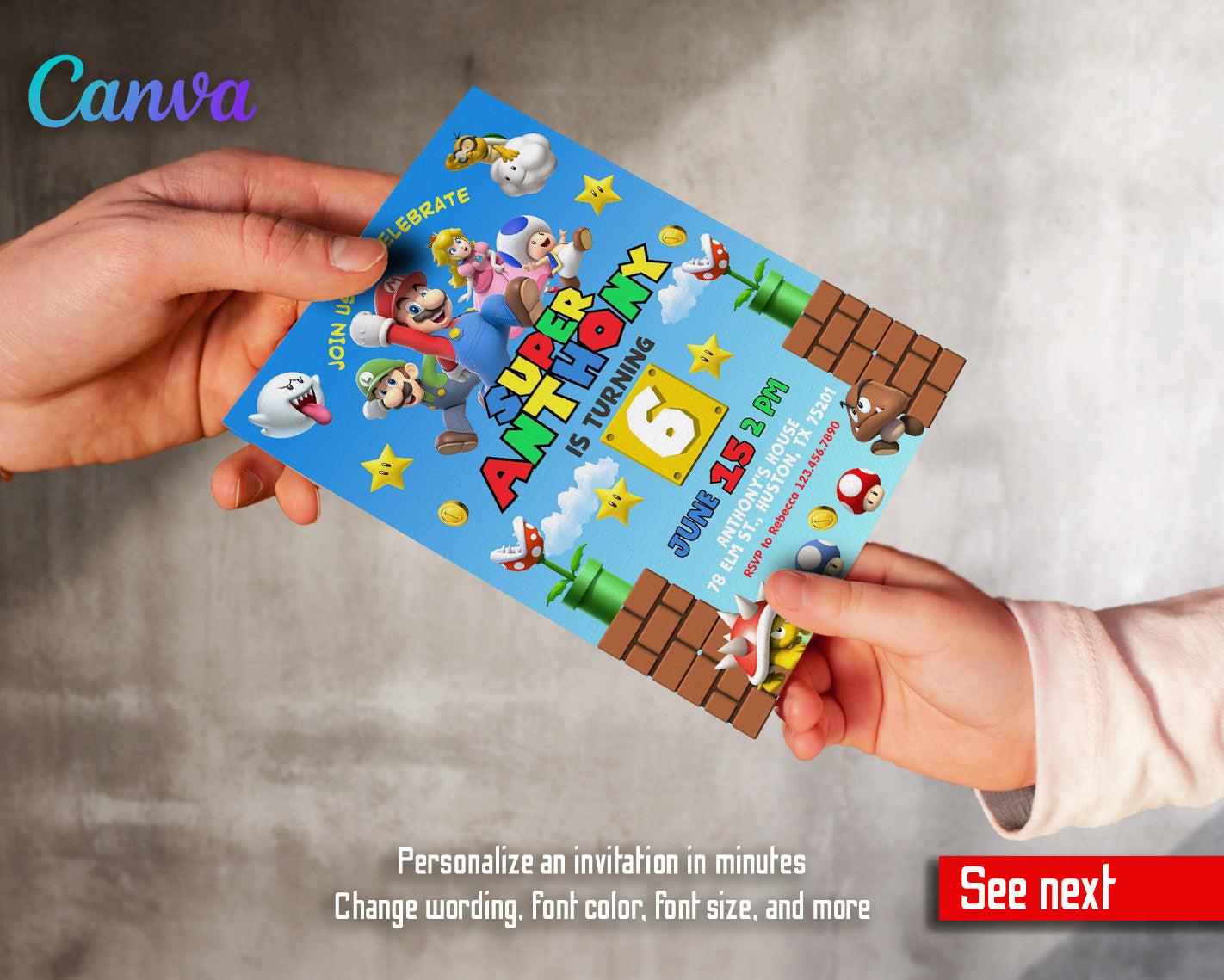 Super Mario Bros customizable invitation template | Share or Print | | FU845