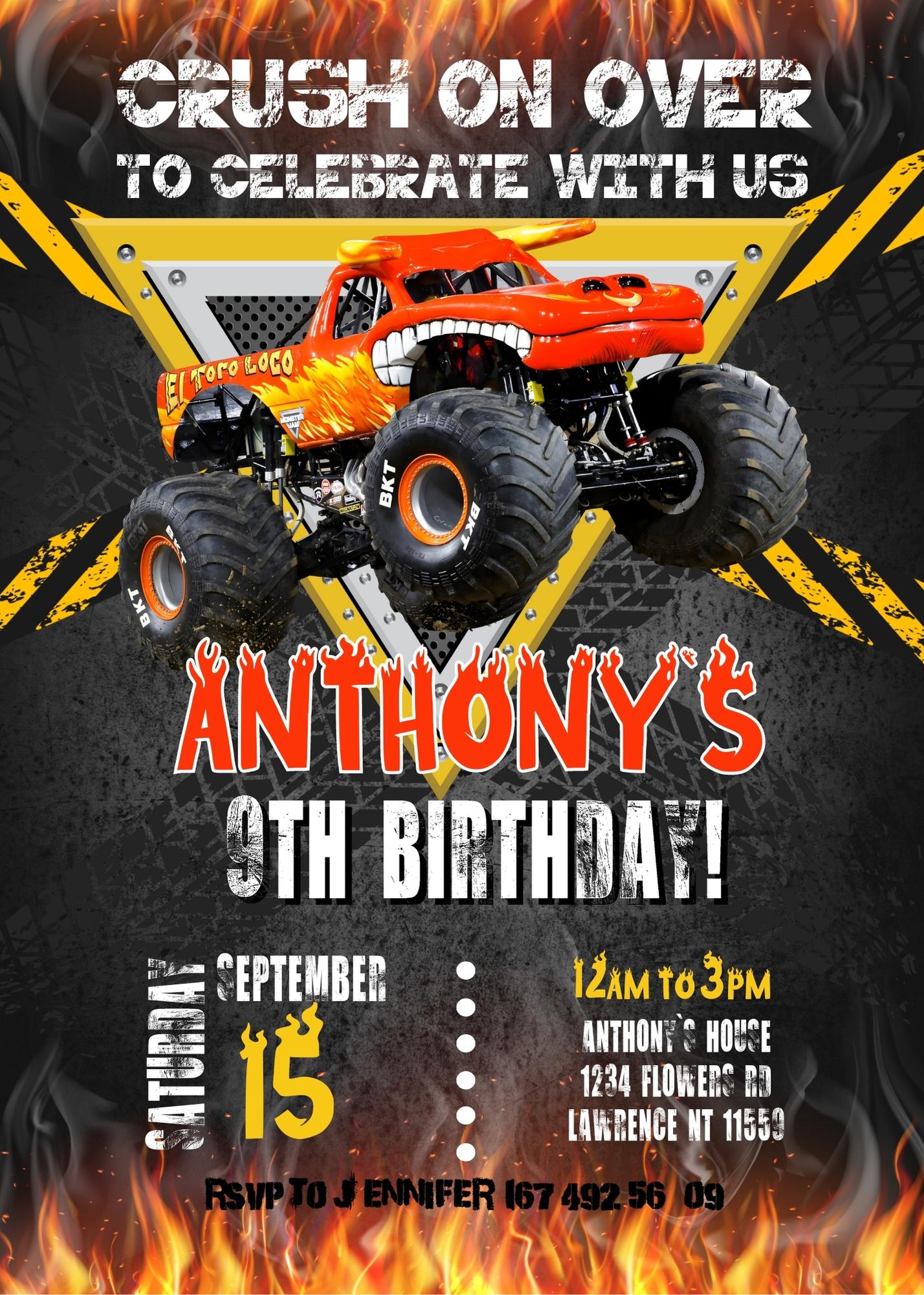 Monster Jam El Toro customizable invite template boy | instant download | Share or Print | PX820