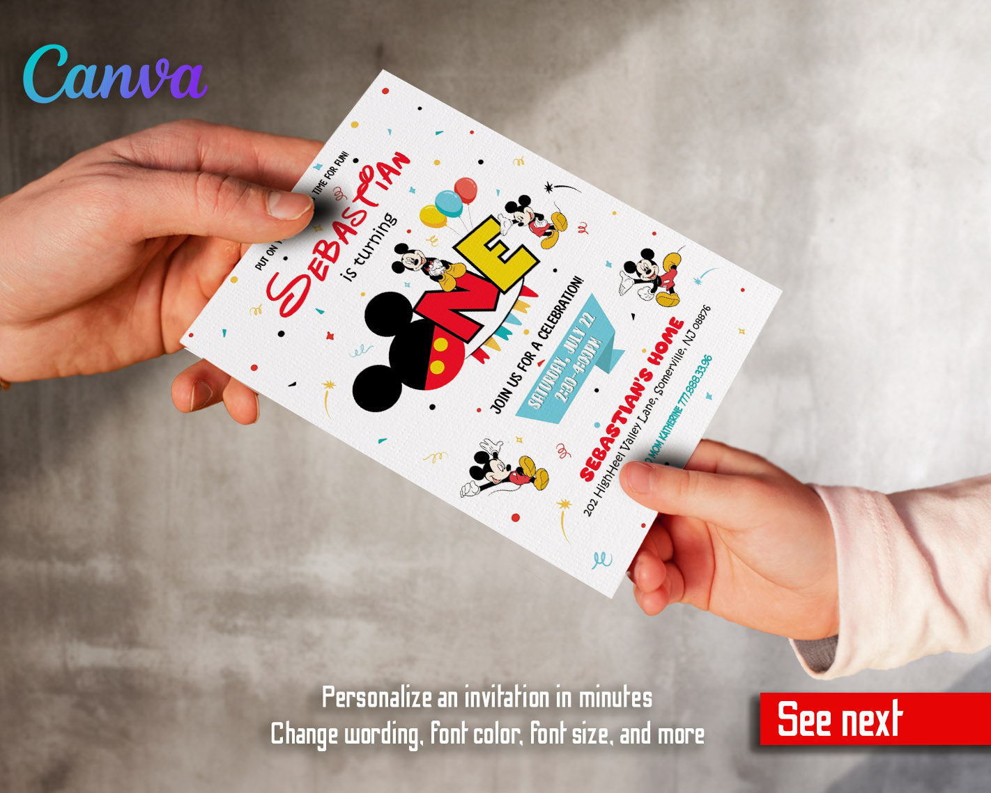 Mickey Mouse 1st Birthday customizable invitation template | Share or Print | | TM677