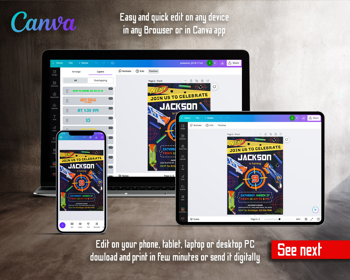 NERF Dart Wars customizable invitation template | Share or Print | boy | LL506