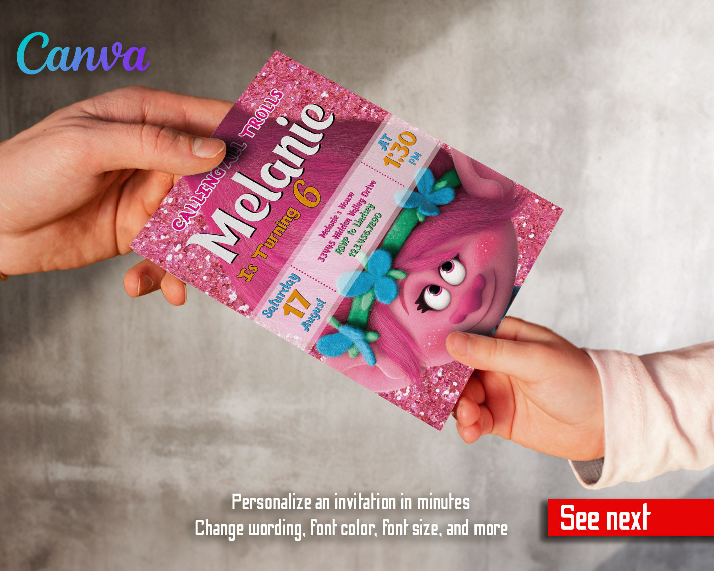 Trolls Poppy customizable invitation template | Share or Print | | TD714