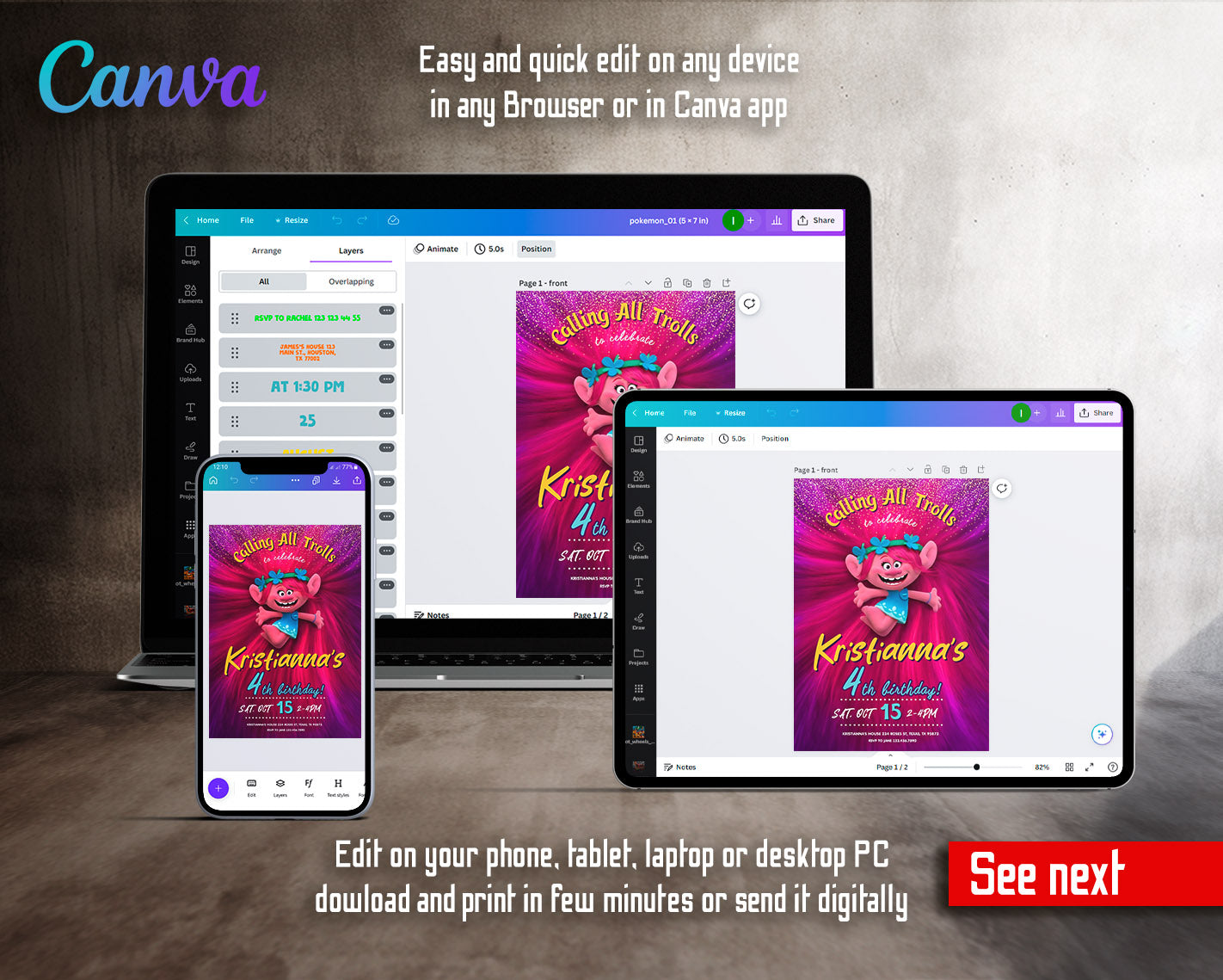 Trolls Poppy customizable invitation template | Share or Print | | WD205