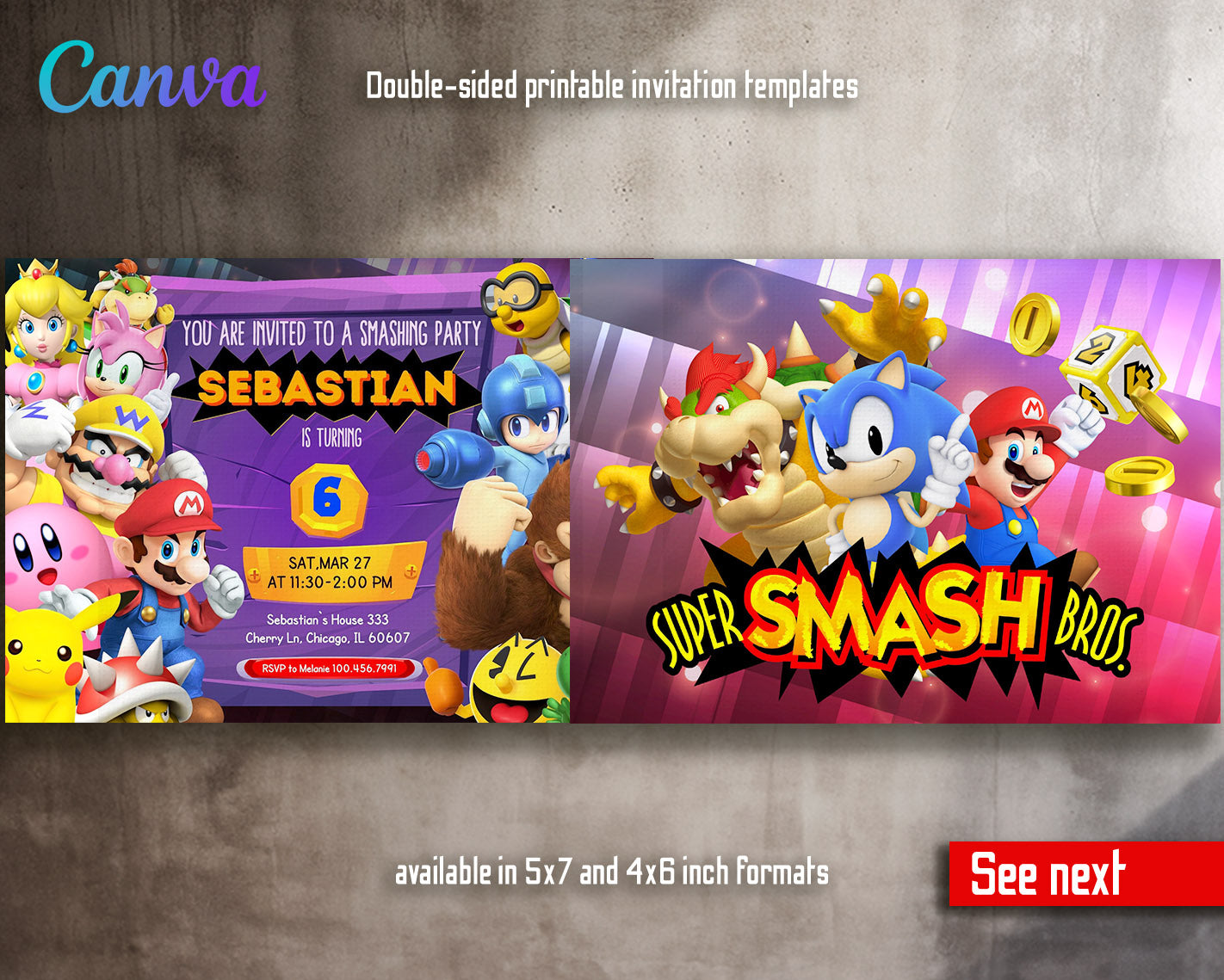 Super Smash Mario Bros customizable invitation template | Share or Print |  | CD981