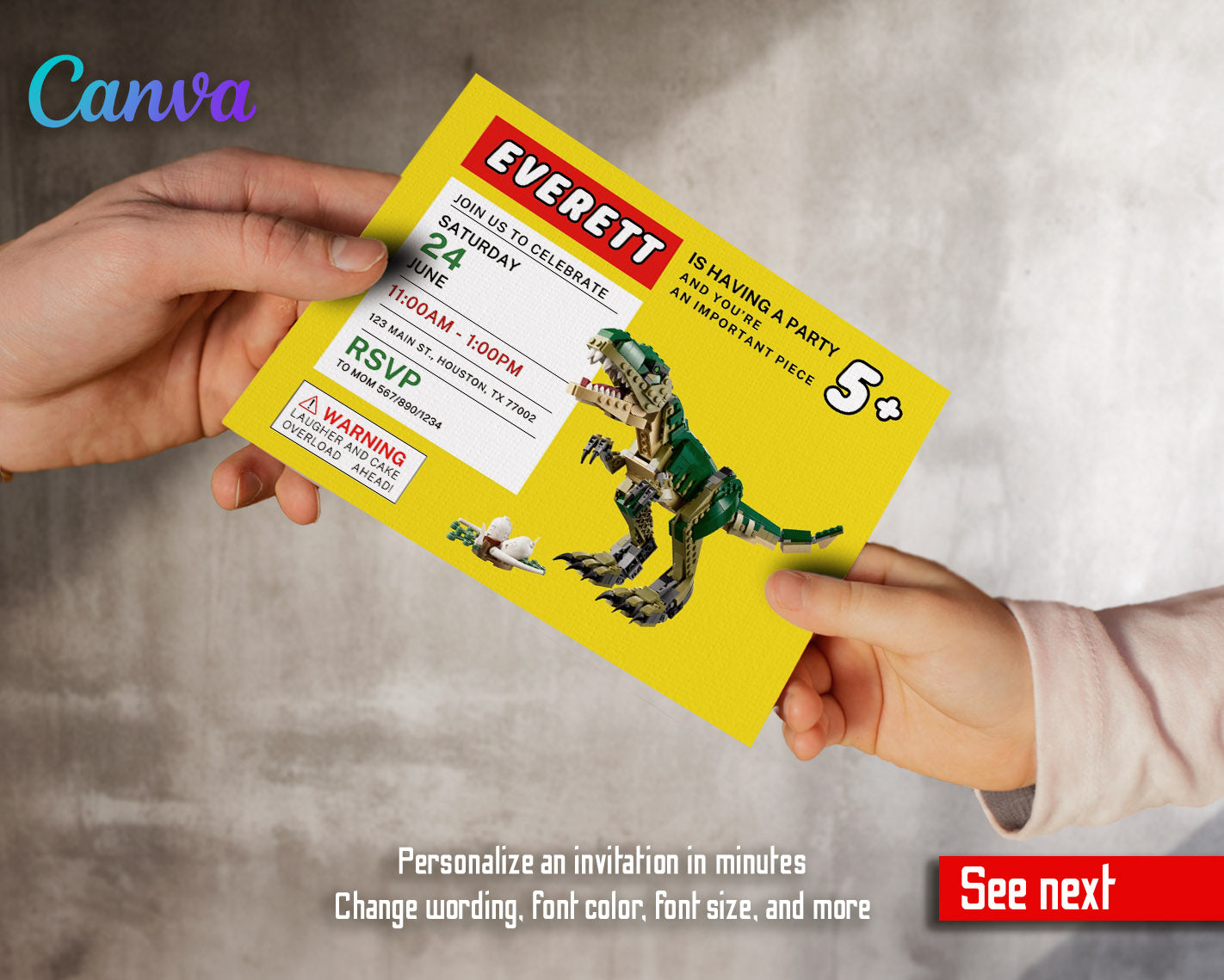 Lego Dinosaur T-Rex customizable invitation template | Share or Print | | CN298