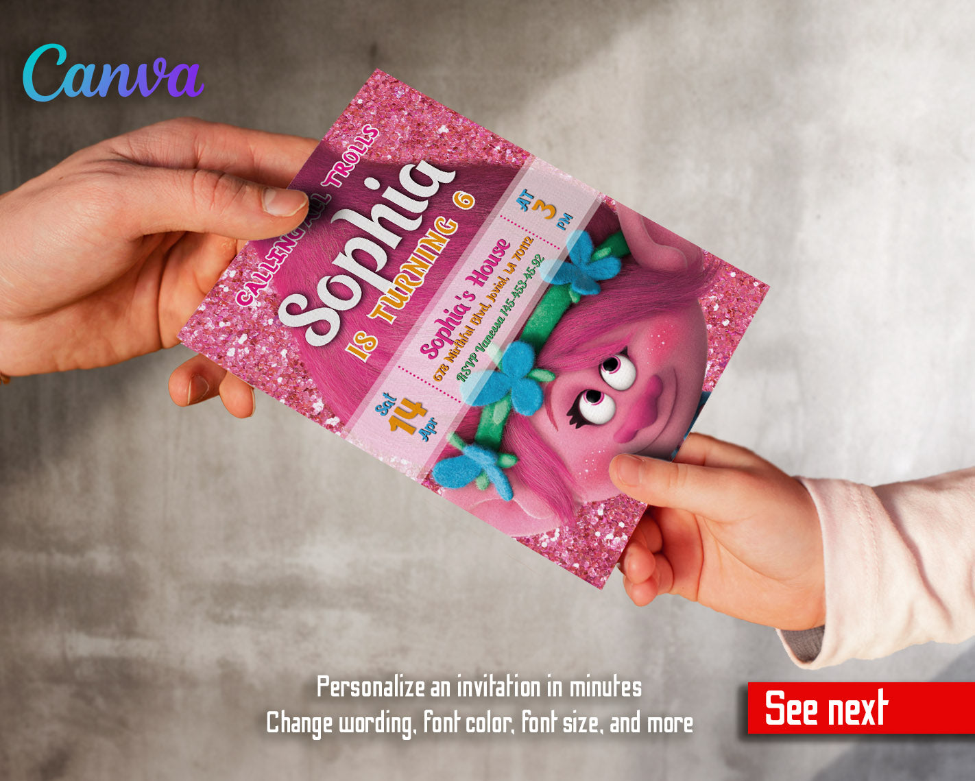 Trolls Poppy customizable invitation template | Share or Print | | YD328