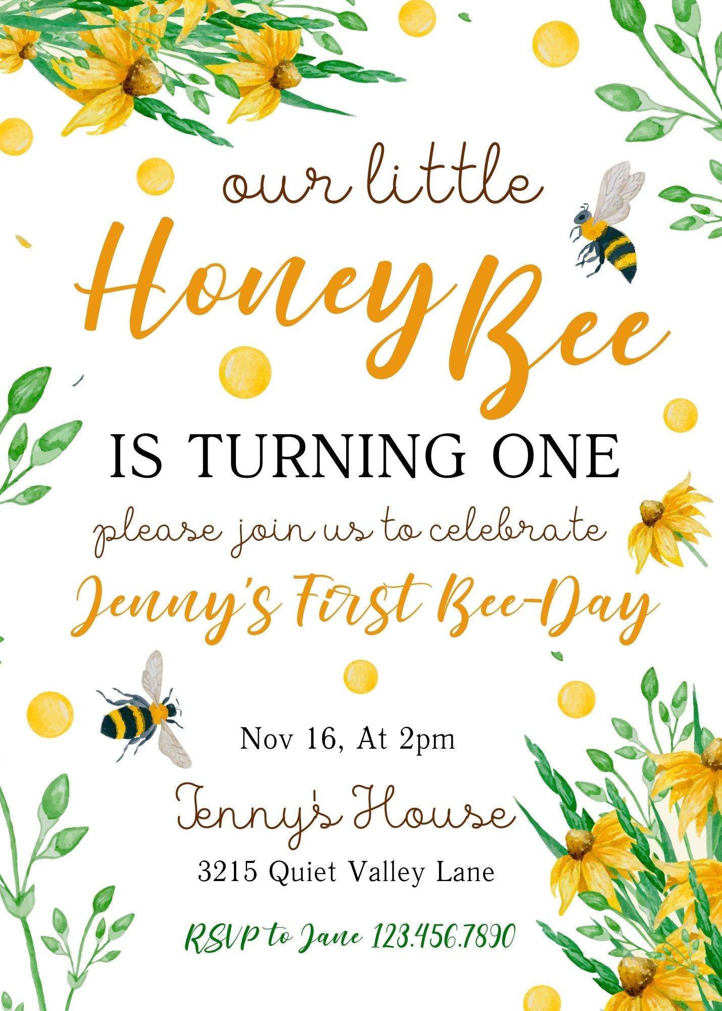 1st Bee Day Party customizable invitation template | Share or Print | | NI318