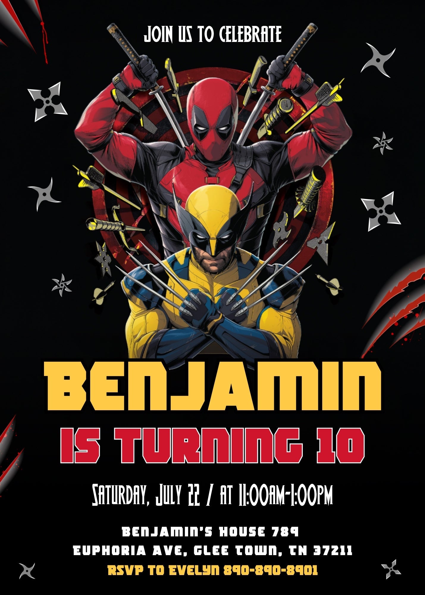 Deadpool Wolverine Marvel customizable invitation template | Share or Print | boy | PY144