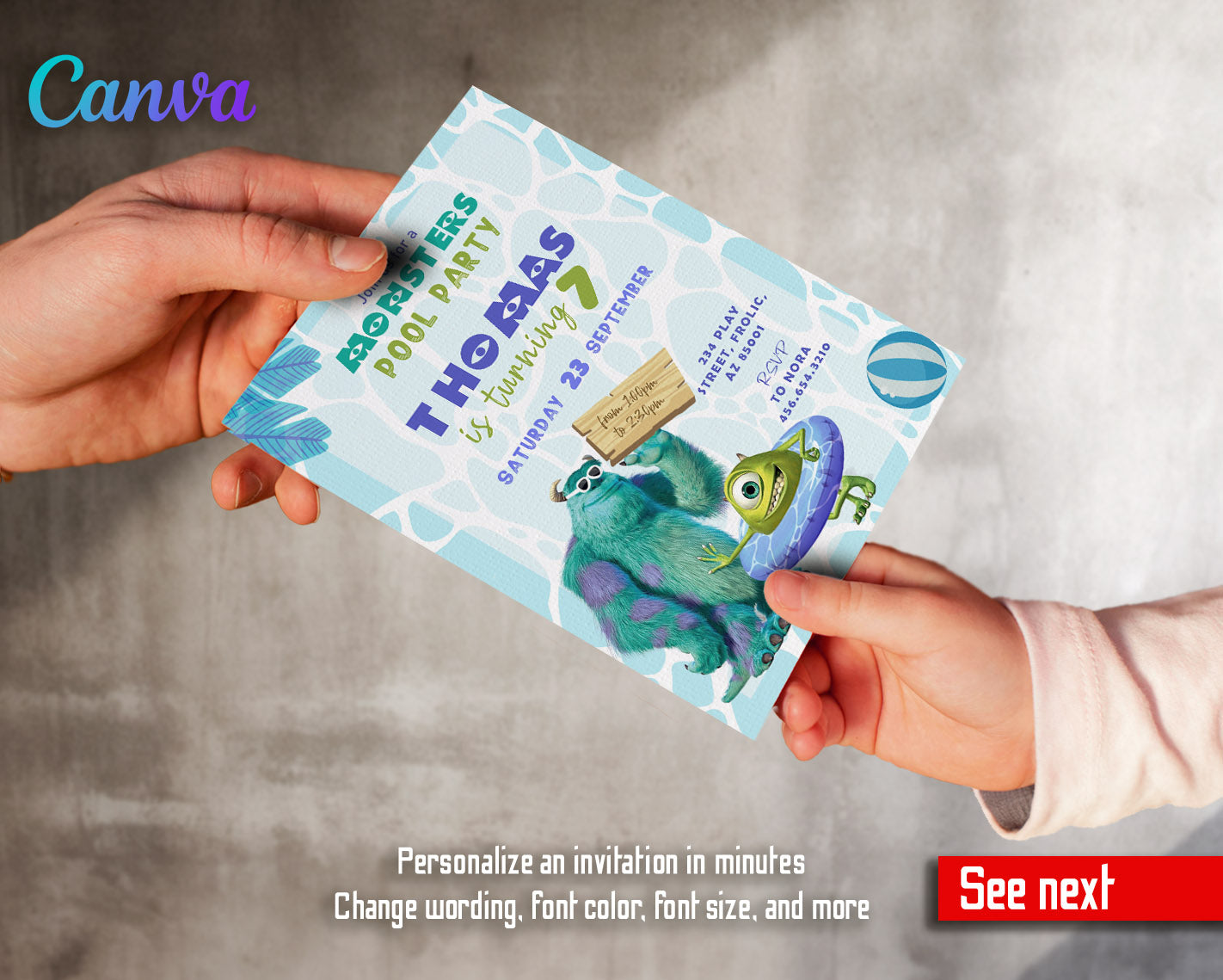 Monsters Inc. Pool Party customizable invitation template | Share or Print | | TR138
