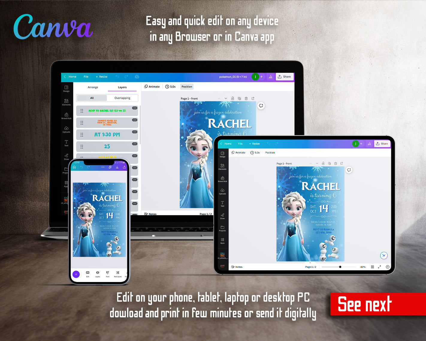 Frozen Elsa customizable invitation template | Share or Print | girl | EK828