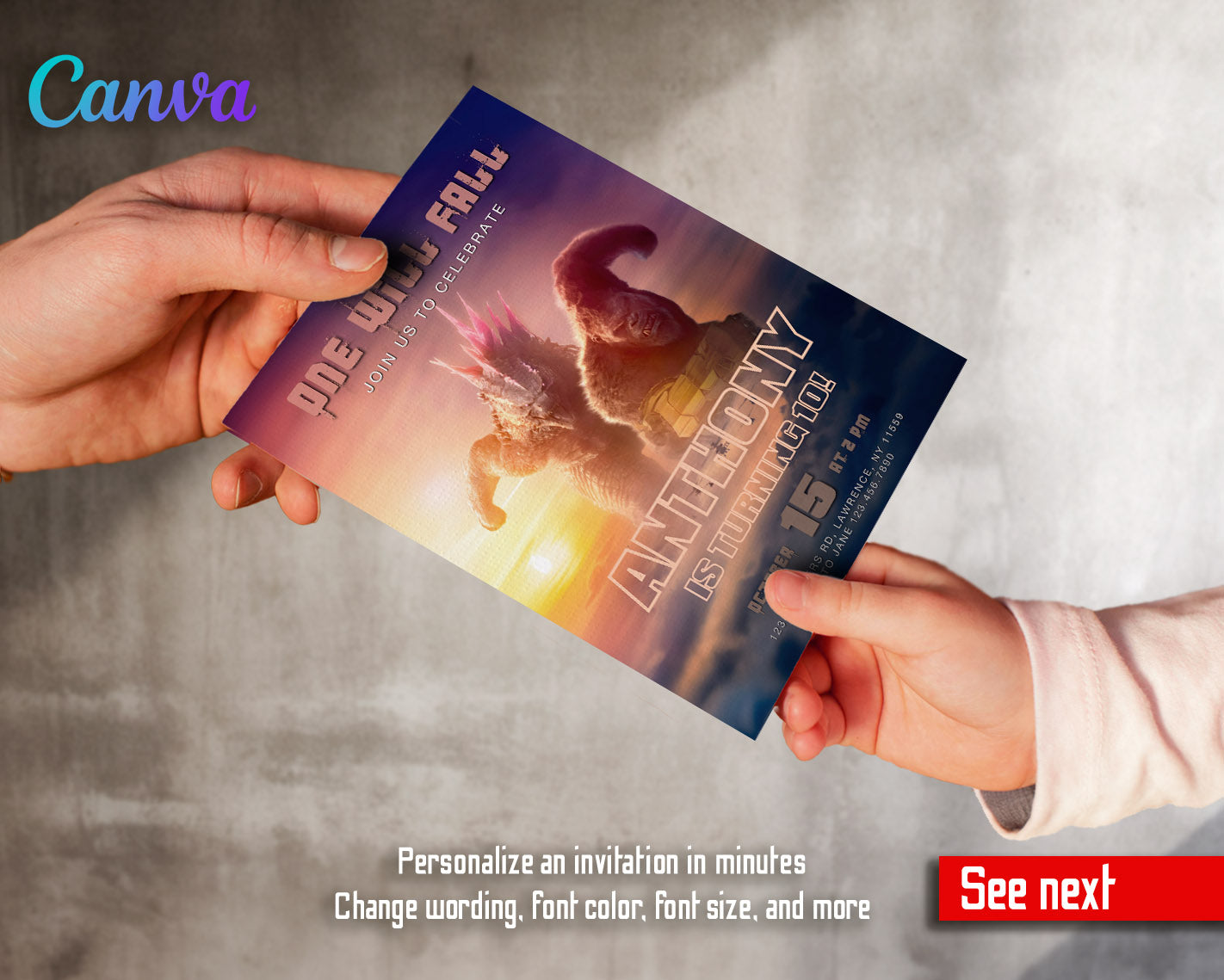 Godzilla X King Kong customizable invitation template | Share or Print | | JL941