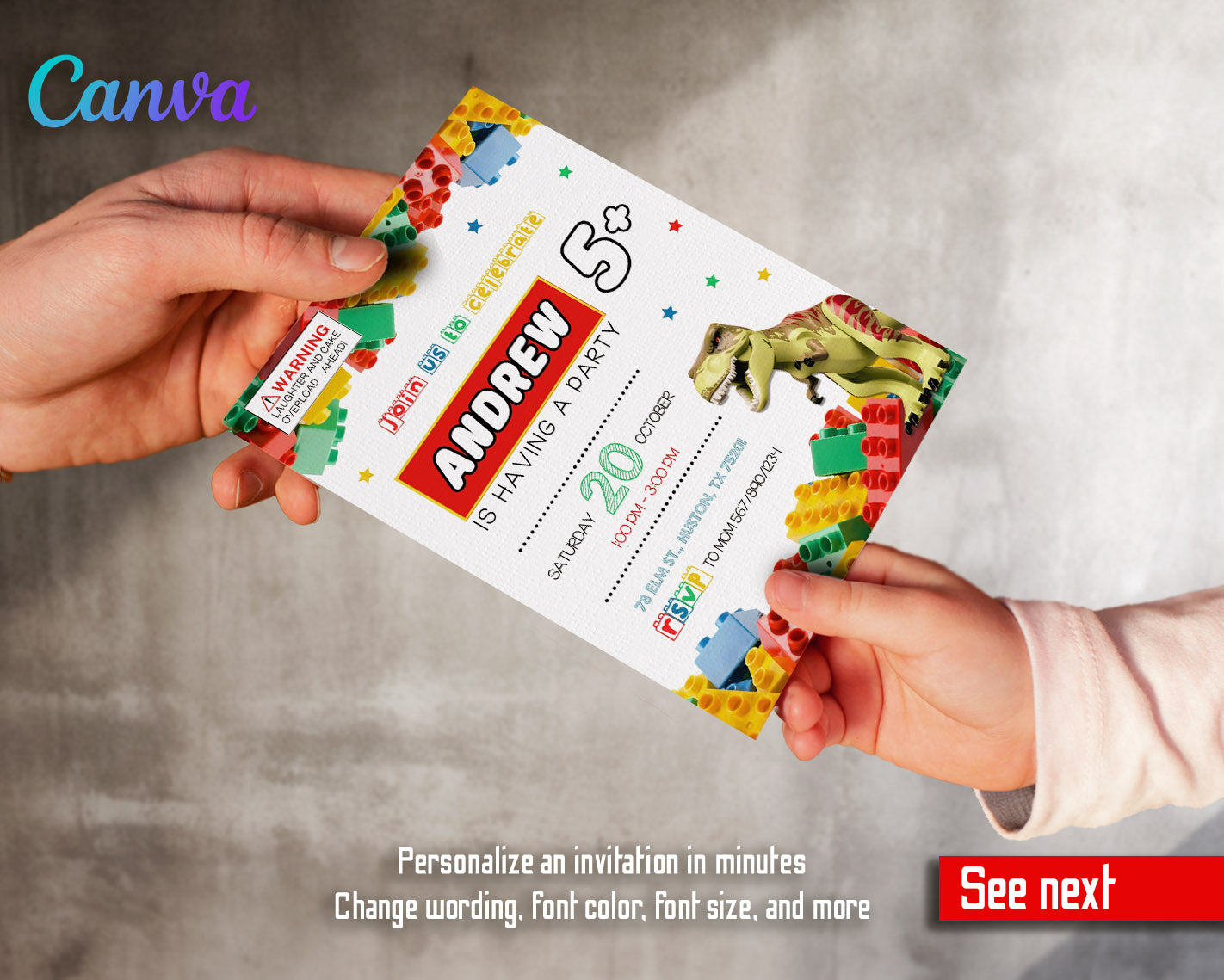 Lego Dinosaur T-Rex customizable invitation template | Share or Print | | BD457