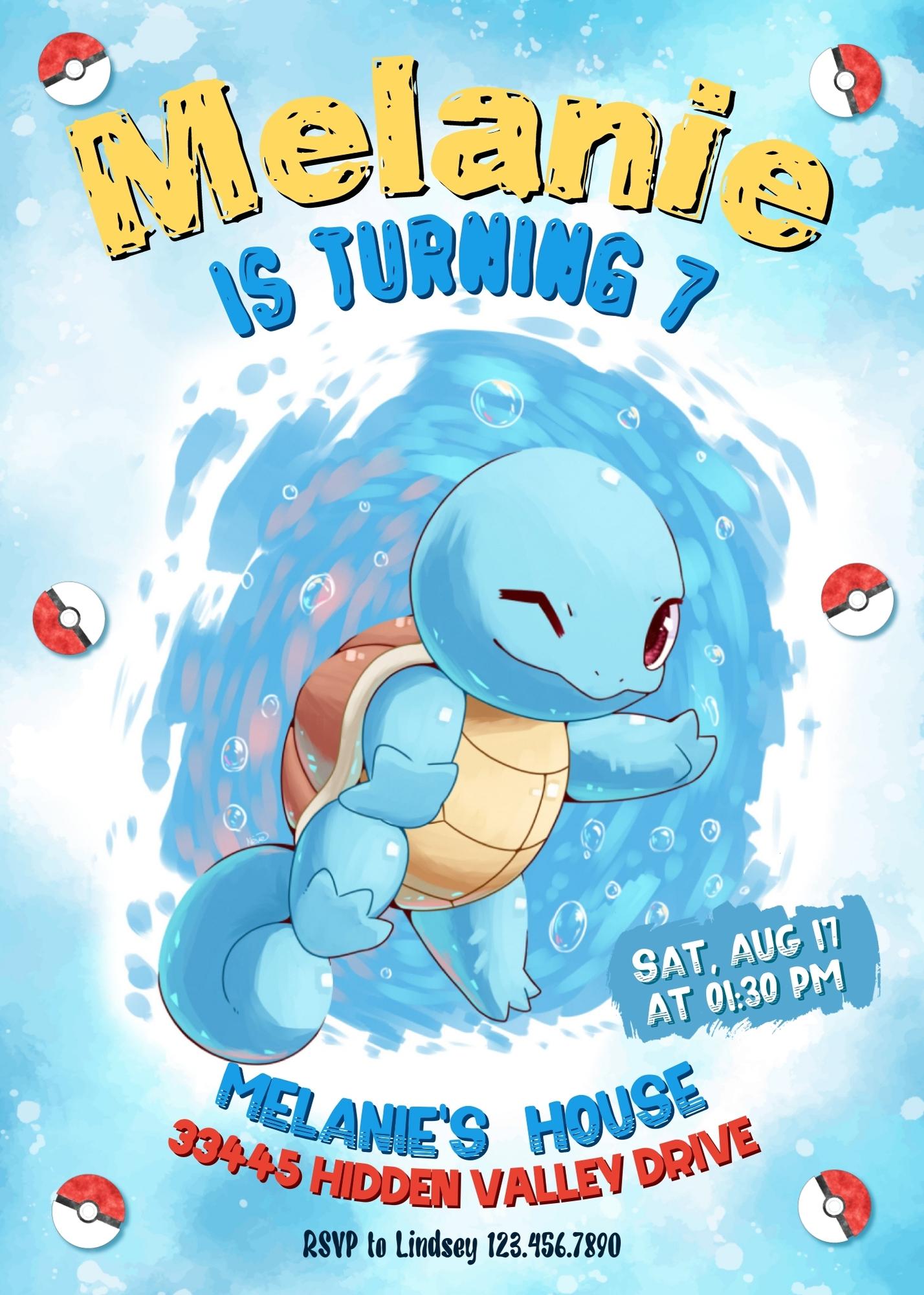 Squirtle Pokemon Anime customizable invitation template | Share or Print | | DT061
