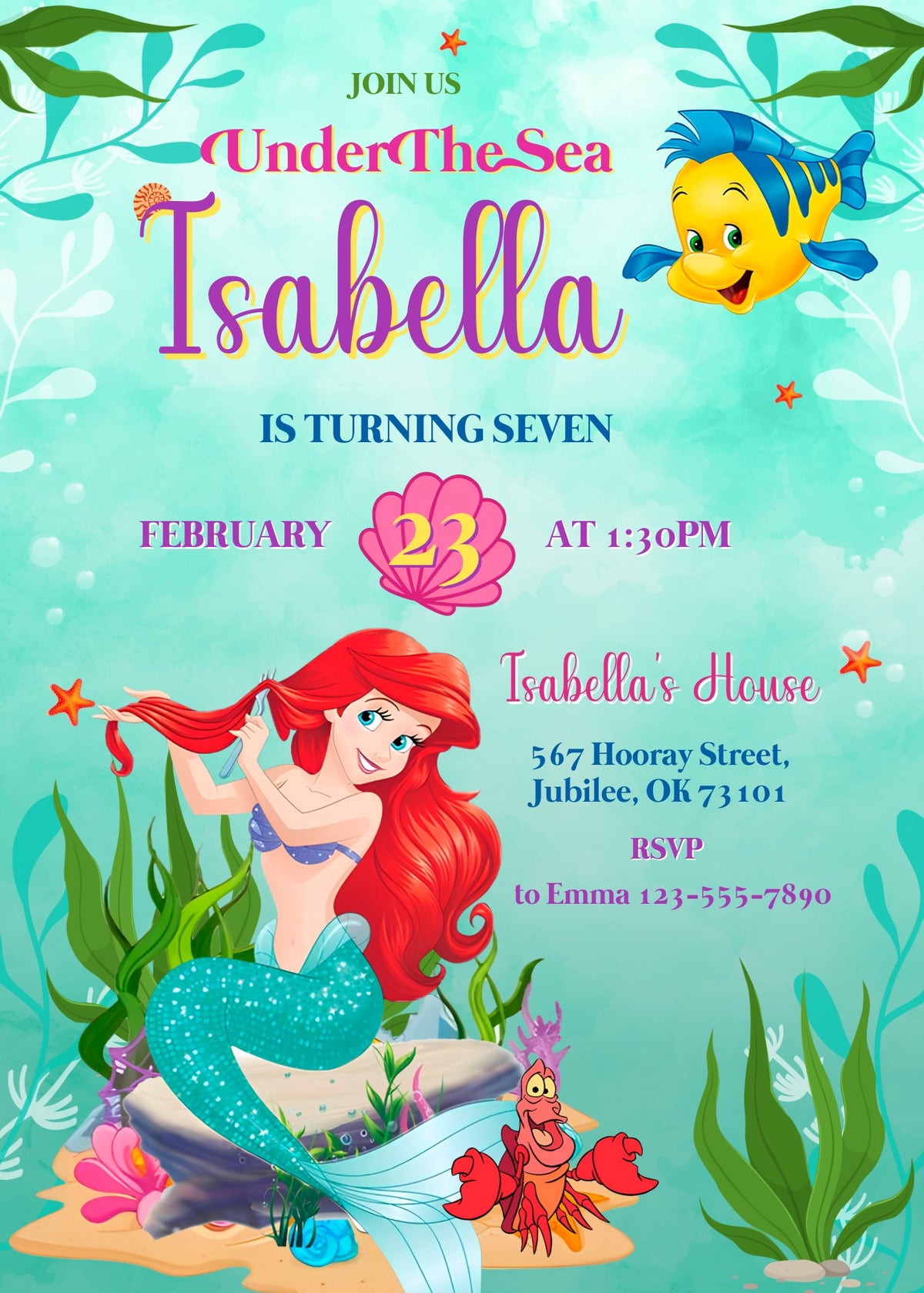 Ariel The Little Mermaid customizable invitation template | Share or Print | girl | QR414