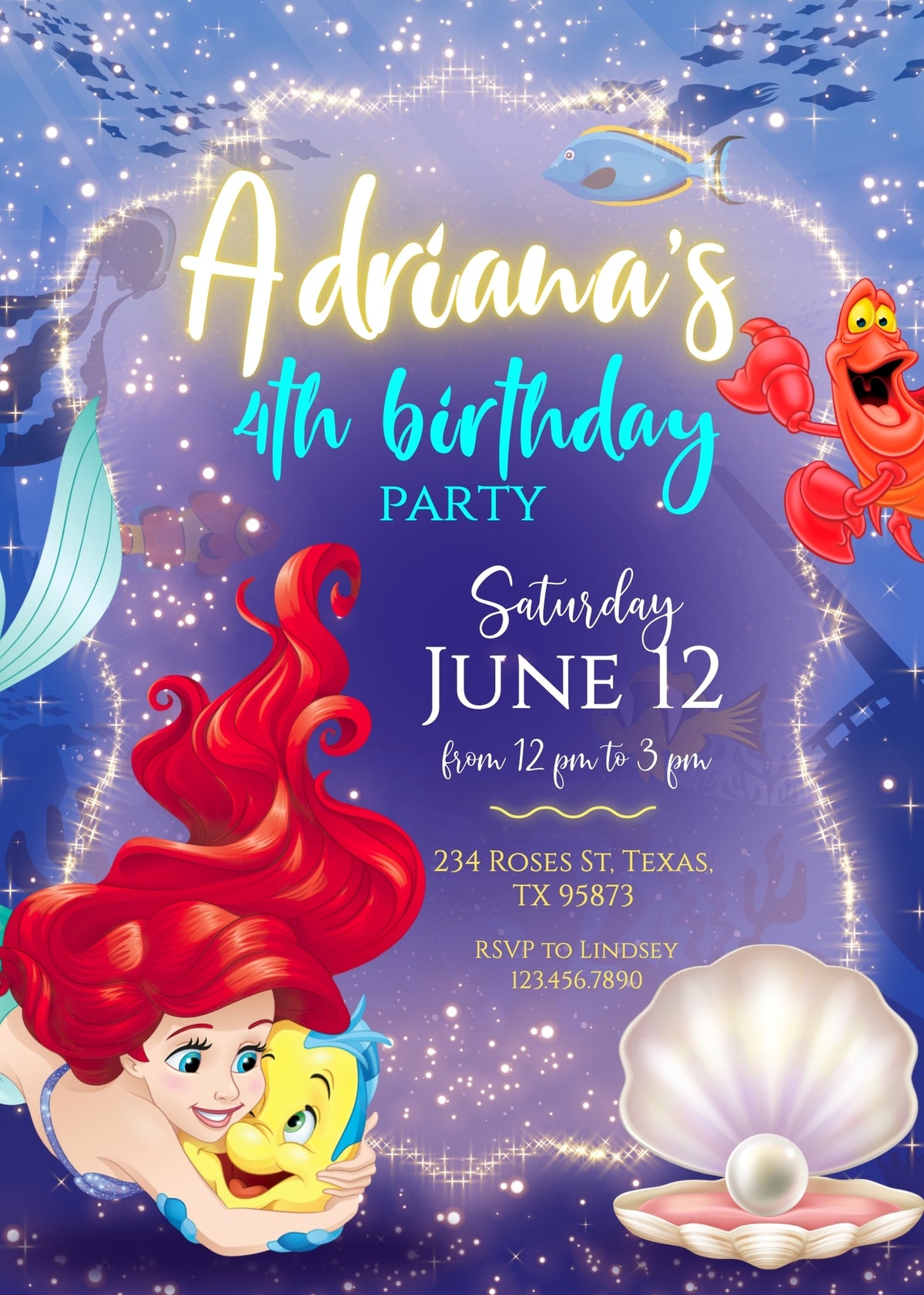 Ariel The Little Mermaid customizable invitation template | Share or Print | girl | WW346