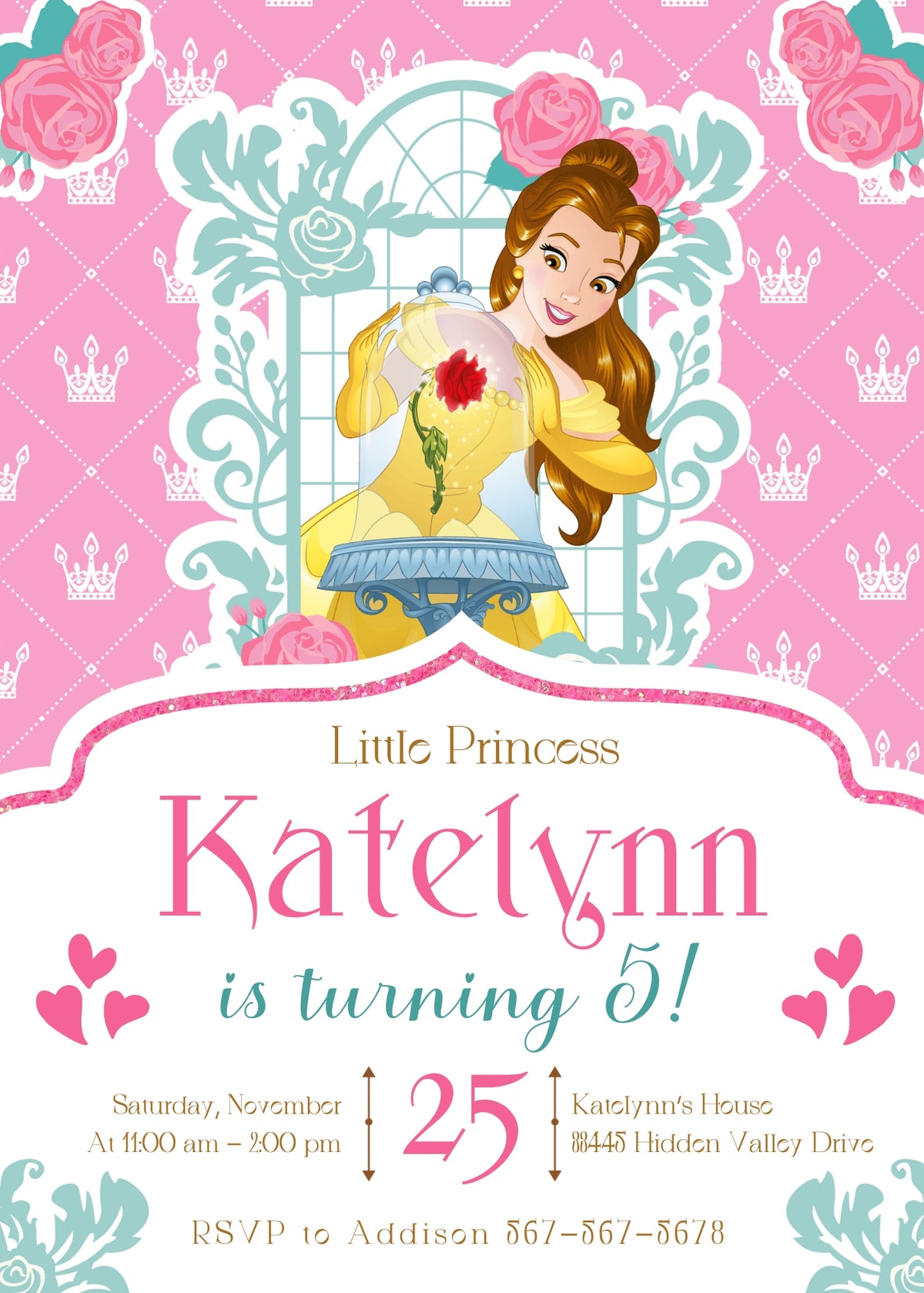 Belle Beauty And The Beast customizable invitation template | Share or Print | girl | AT342