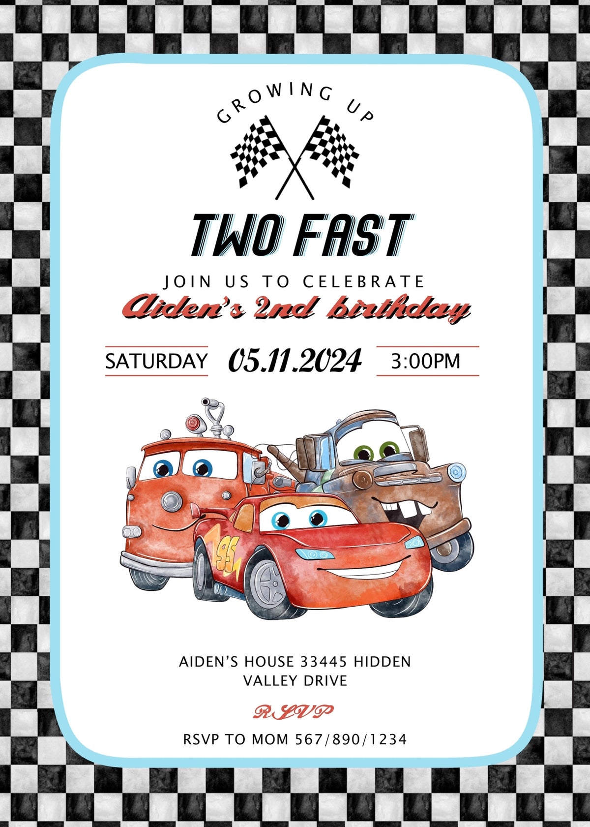 Cars Lightning Mcqueen Two customizable invitation template | Share or Print | boy | GQ289