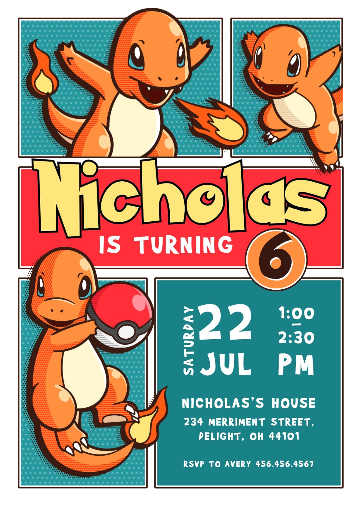 Charmander Pokemon Anime customizable invitation template | Share or Print | HY547