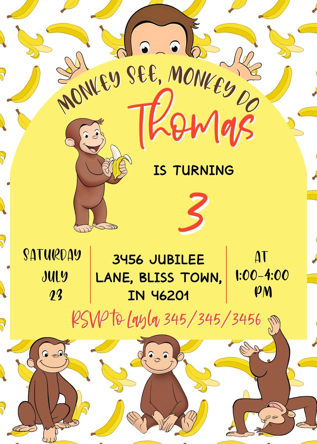 Curious George Monkey customizable invitation template | Share or Print | HG134