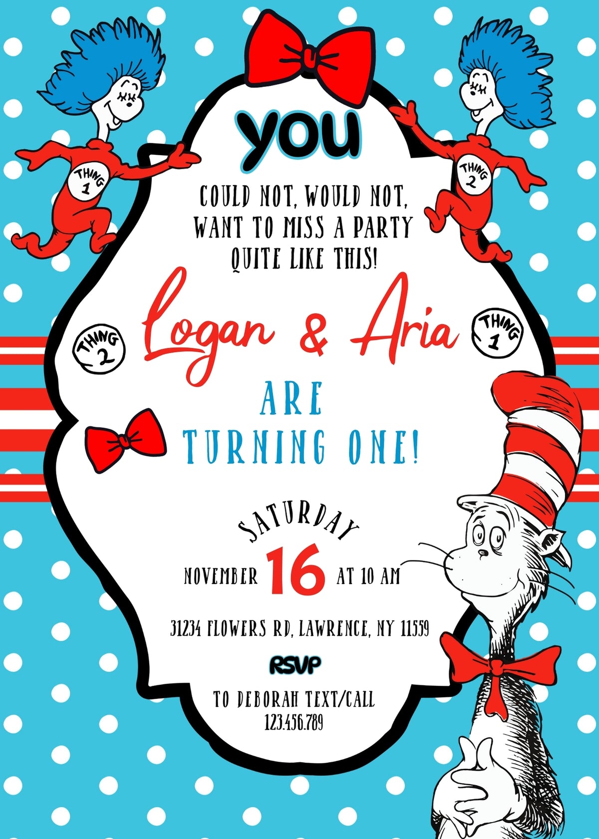 Dr Seuss The Cat in the Hat Twins customizable invitation template | Share or Print | YL719