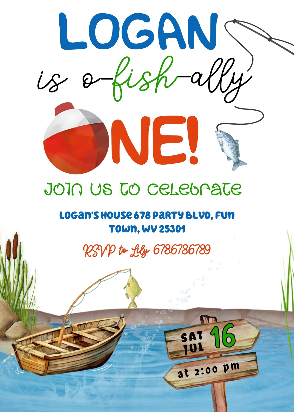 Fishing 1st O-Fish-Ally customizable invitation template | Share or Print | DI358