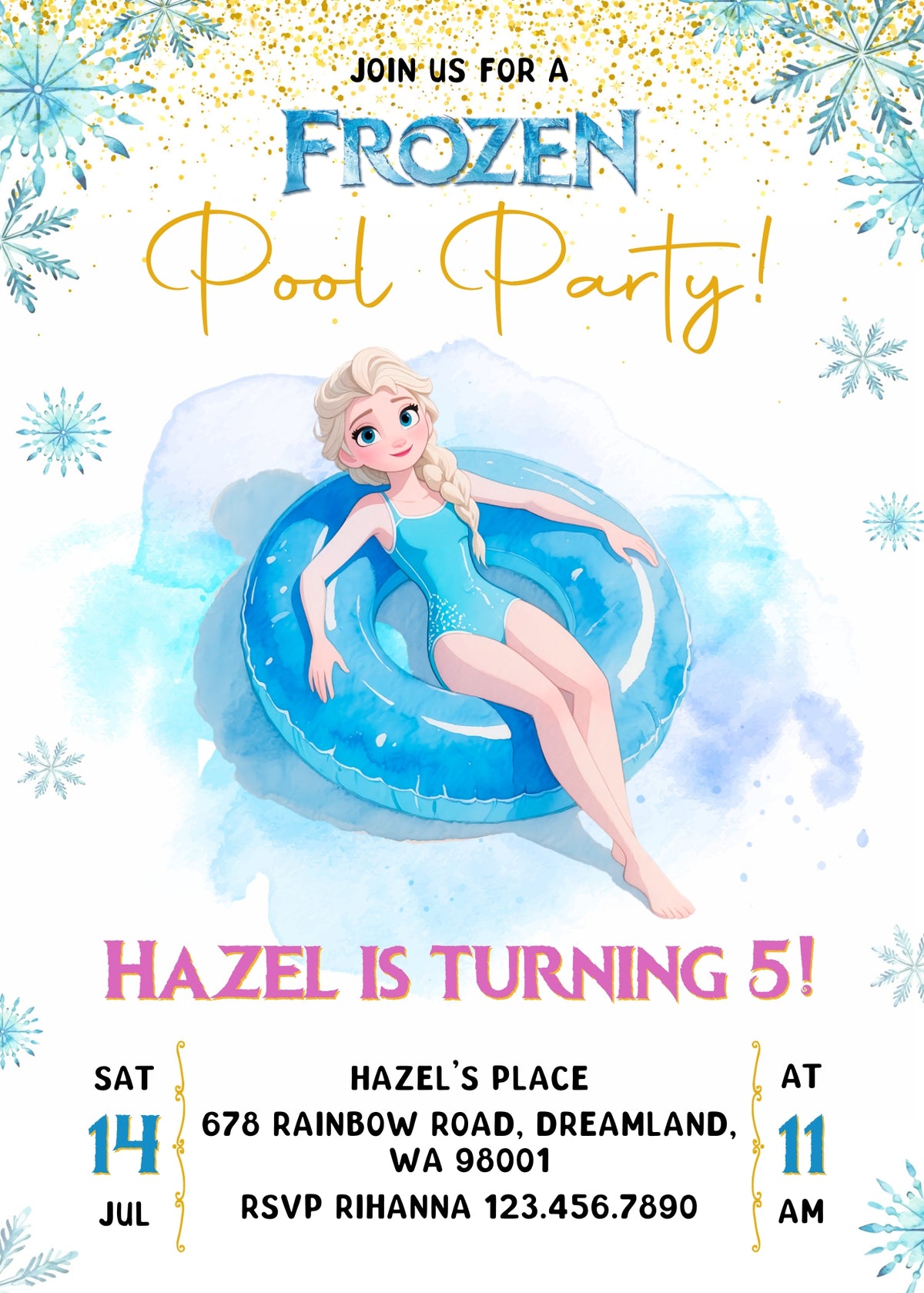 Disney Princess Frozen Elsa Pool Party customizable invitation template | Share or Print | MY014