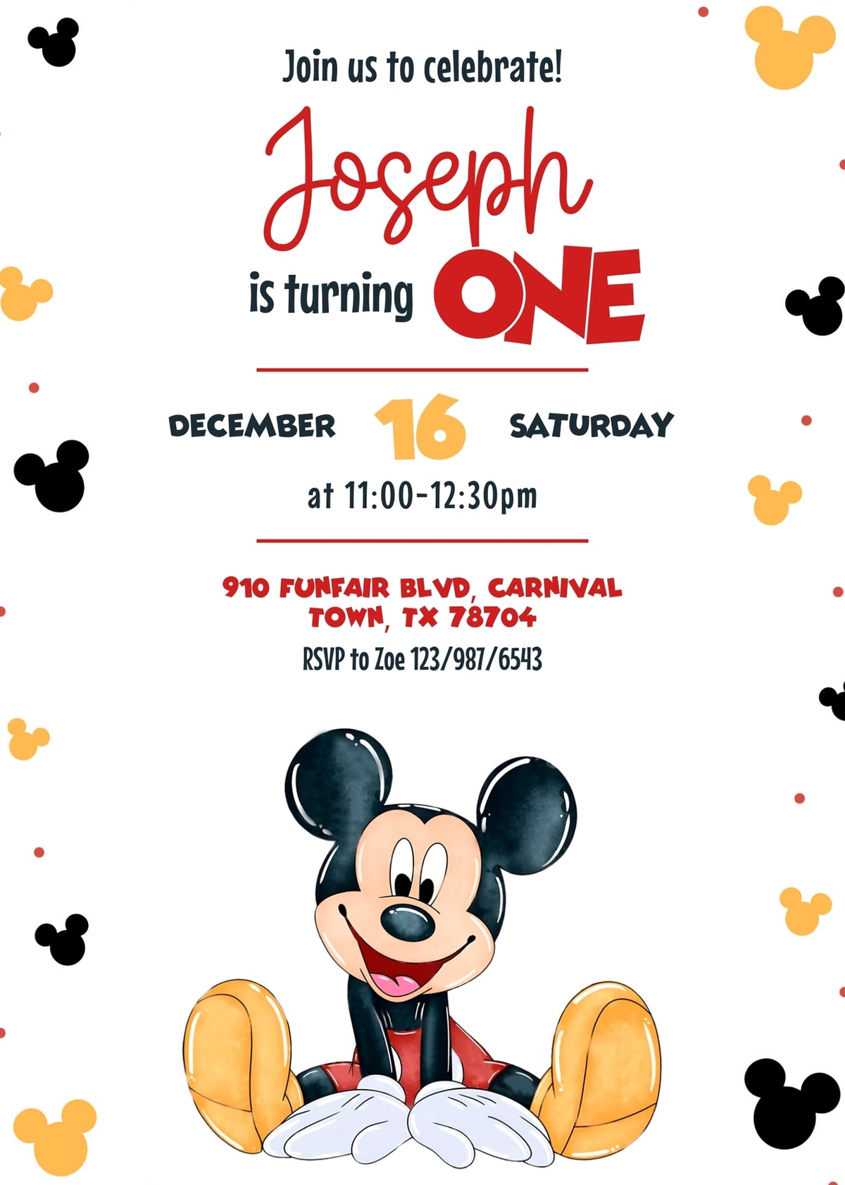 Mickey Mouse 1st Birthday customizable invitation template | Share or Print | AJ666