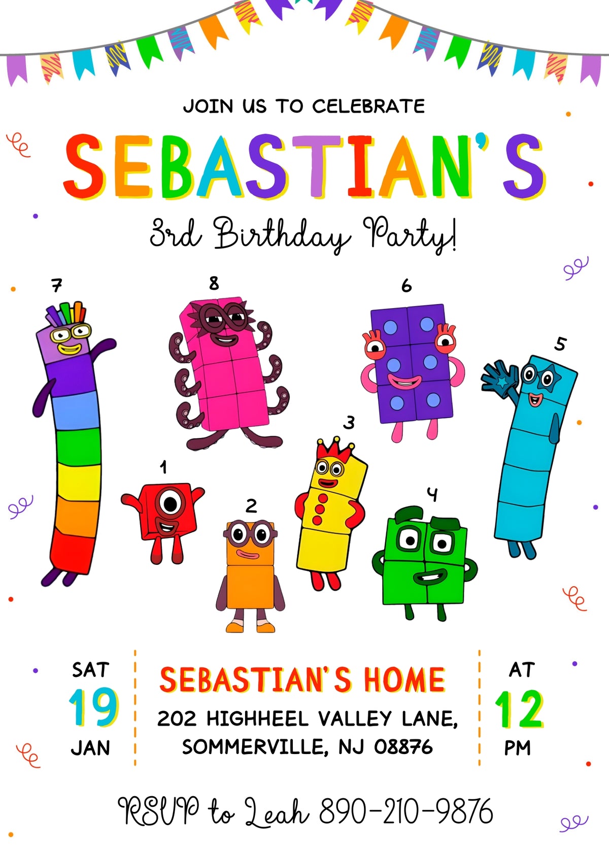 Numberblocks customizable invitation template | Share or Print | BI054