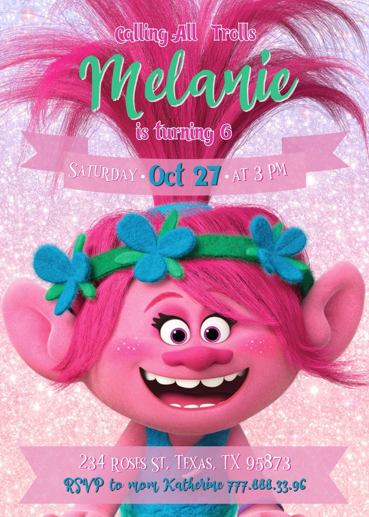 Trolls Poppy customizable invitation template | Share or Print | QX734