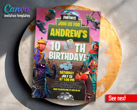 Fortnite gamer customizable invite template | instant download | Share or Print | SZ905