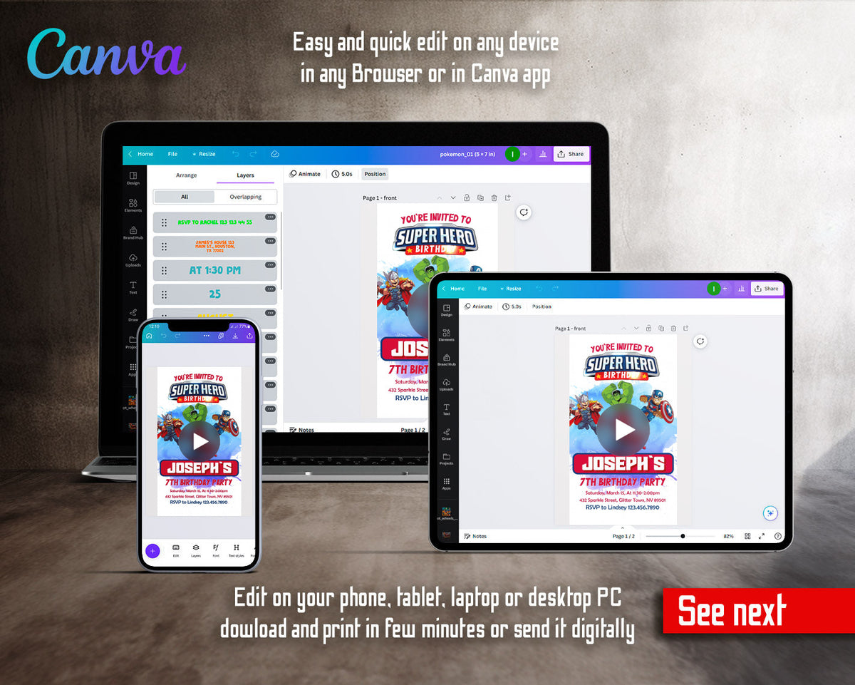 Avengers Chibi Heroes Blue Banner Video Birthday Invitation | Animated Evite | Editable Canva