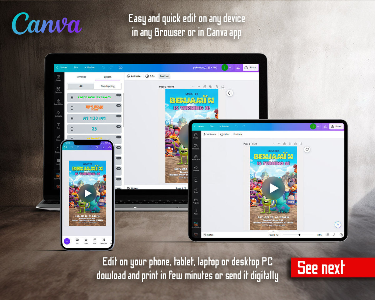 Monsters, Inc. University Monsters Campus Video Birthday Invitation | Animated Evite | Editable Canva