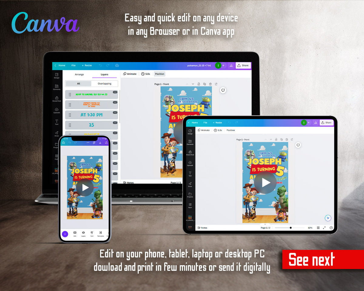 Toy Story Woody Buzz Lightyear Red Banner Gang Video Birthday Invitation | Animated Evite | Editable Canva