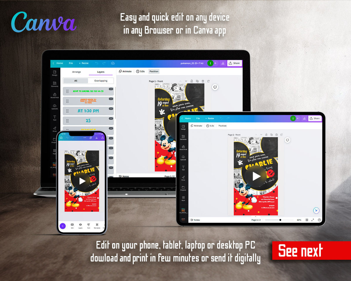 Mickey Mouse 1st Birthday Comic Strip Ears Video Birthday Invitation | Animated Evite | Editable Canva