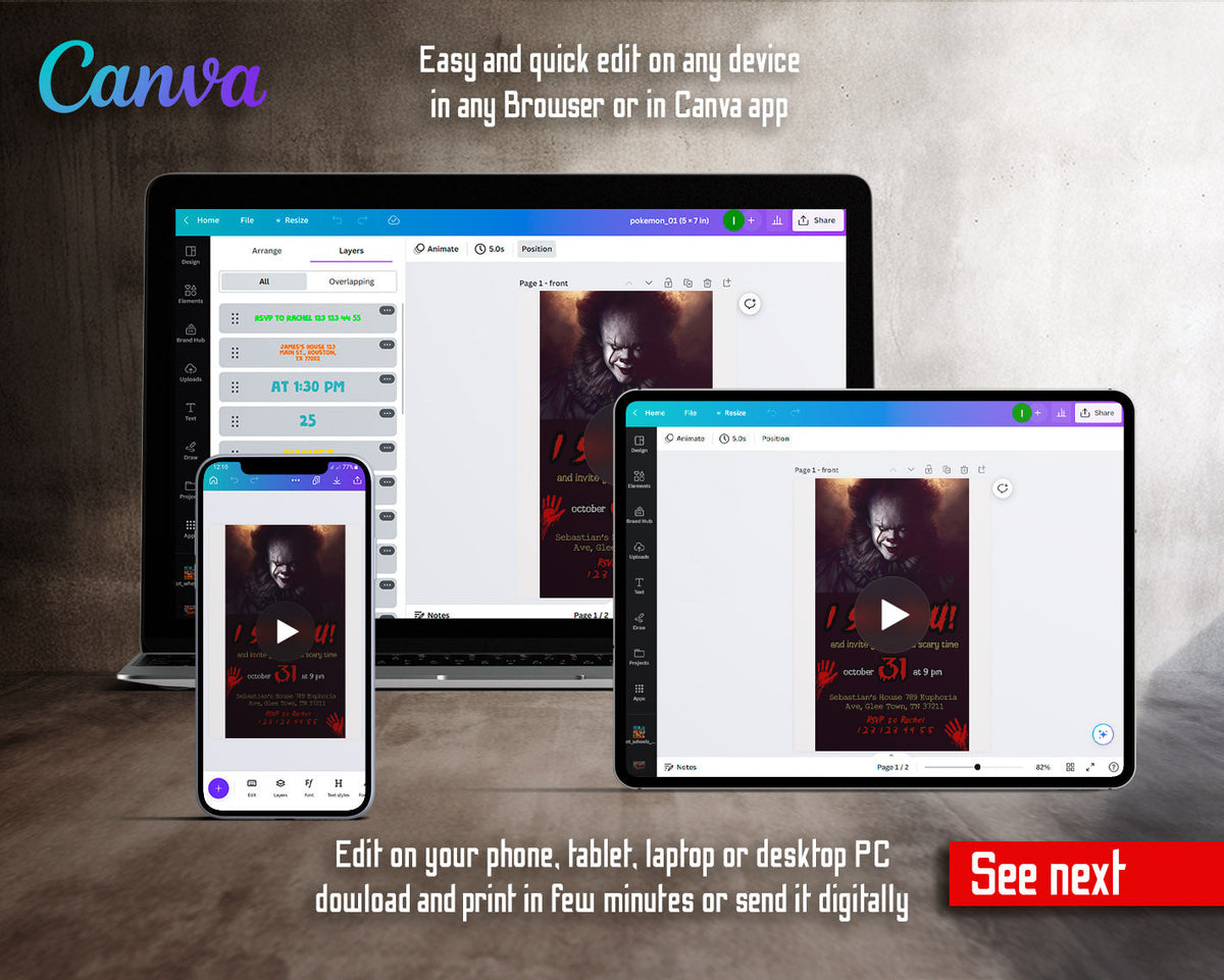Horror Killer Movie Party Pennywise I See You Video Birthday Invitation | Animated Evite | Editable Canva