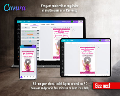 Barbie Pink Glitter Cowgirl Video Birthday Invitation | Animated Evite | Editable Canva