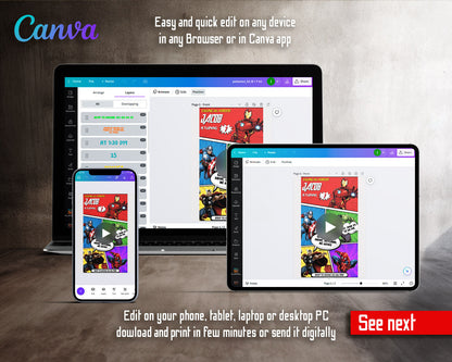 Avengers Four Color Hero Panels Video Birthday Invitation | Animated Evite | Editable Canva
