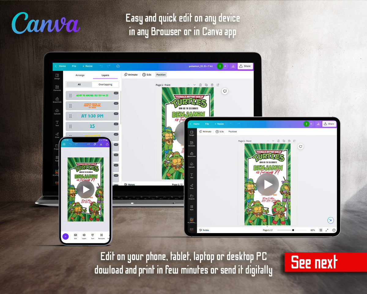 Teenage Mutant Ninja Turtles Classic Green Stripes Video Birthday Invitation | Animated Evite | Editable Canva