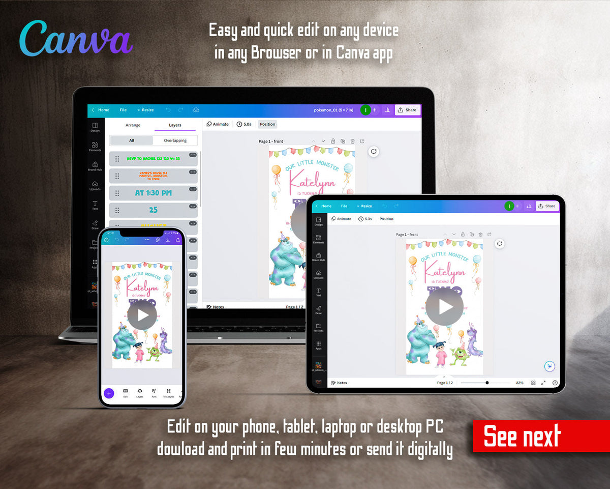 Monsters, Inc. Pastel Balloon Pajama Boo Video Birthday Invitation | Animated Evite | Editable Canva