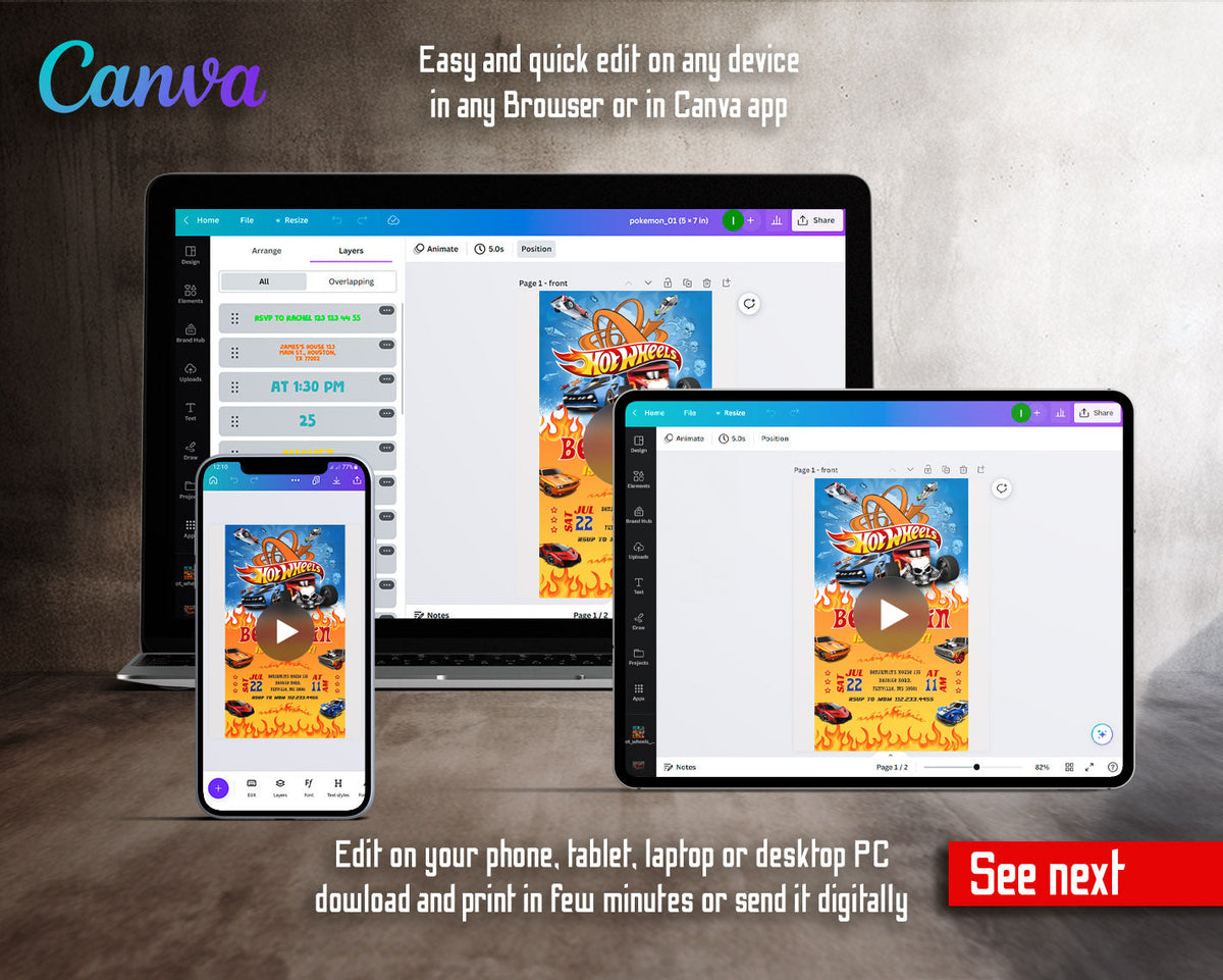 Hot Wheels Racing Flame Orange Track Loop Video Birthday Invitation | Animated Evite | Editable Canva