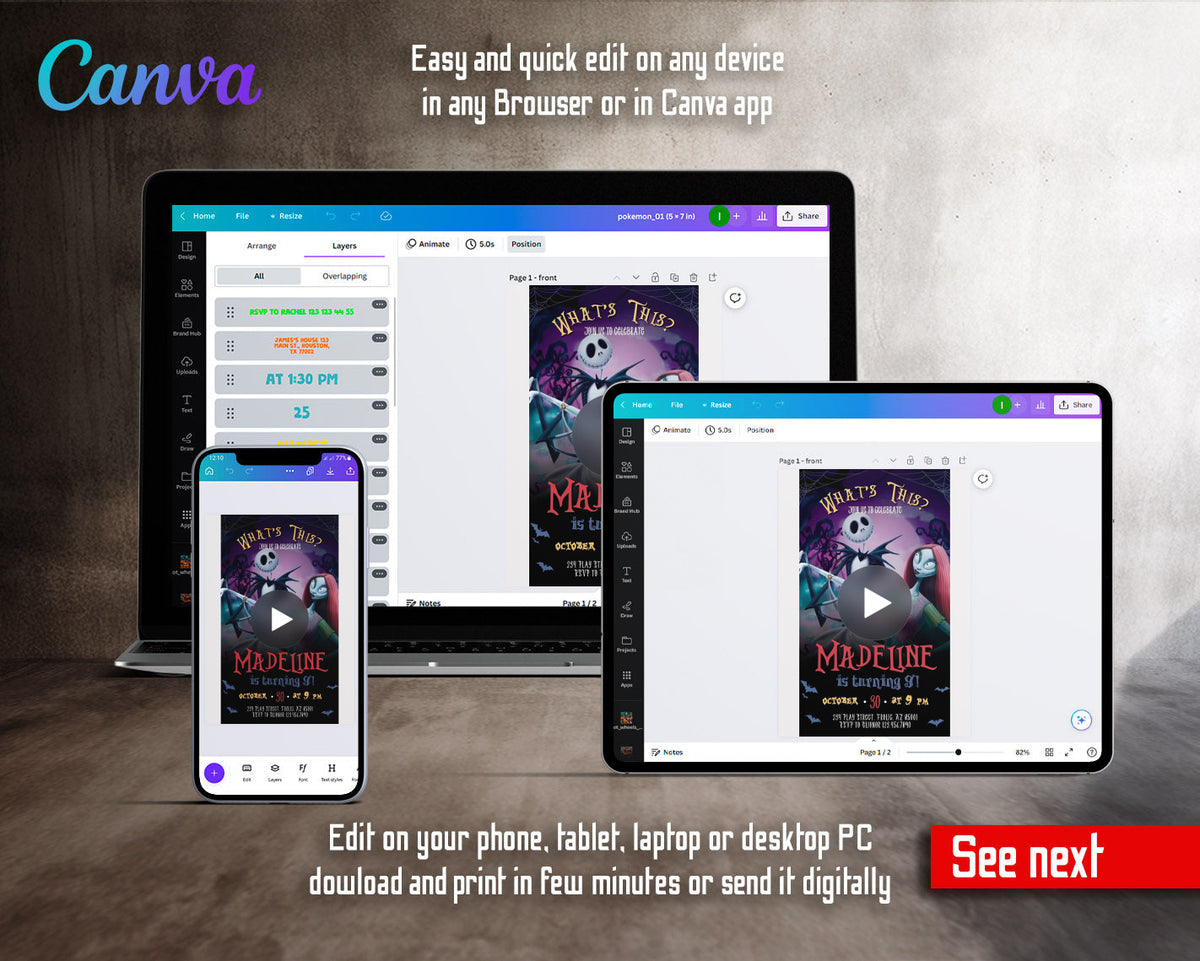 The Nightmare Before Christmas Halloween Purple Jack Sally Dance Video Birthday Invitation | Animated Evite | Editable Canva