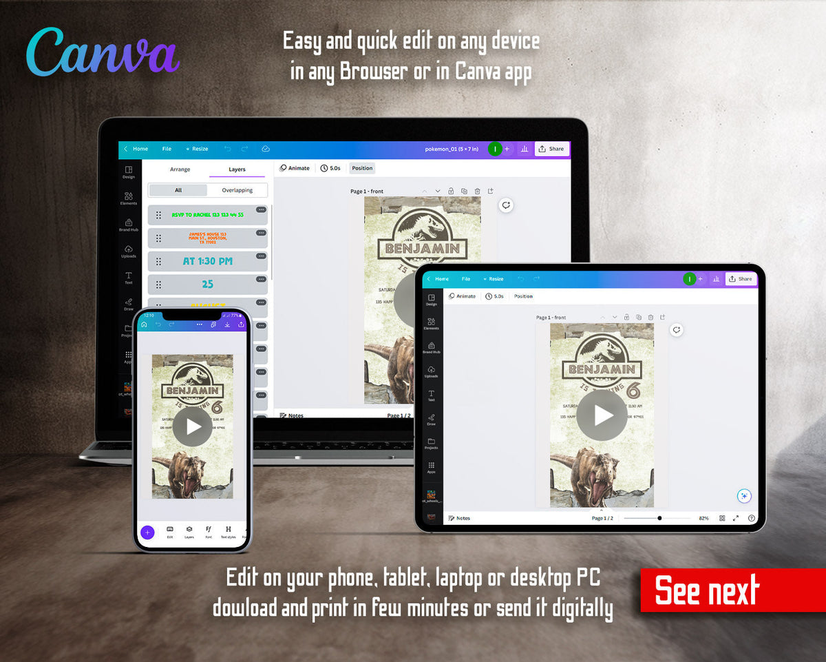Jurassic Park Dinosaur Stone Frame T-Rex Video Birthday Invitation | Animated Evite | Editable Canva