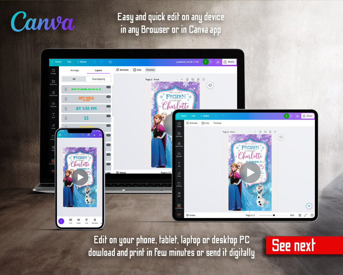 Frozen Elsa Glitter Frame Trio Video Birthday Invitation | Animated Evite | Editable Canva