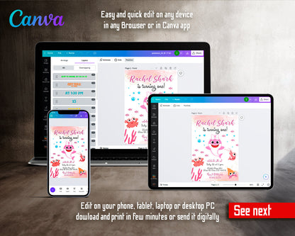 Baby Shark customizable invite template girl | instant download | Share or Print | UM502